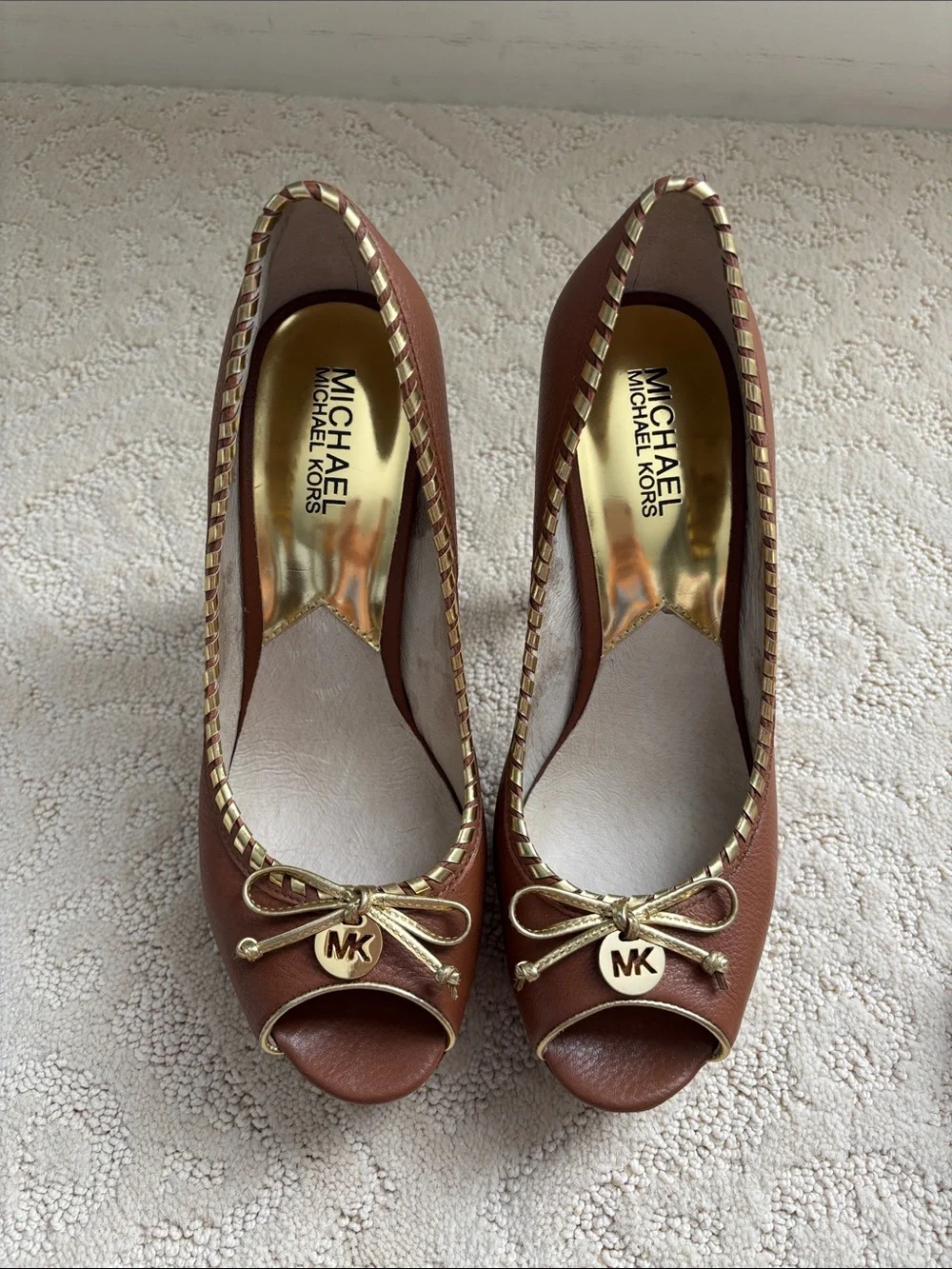 Michael Kors Brown Leather Peep-Toe Platform Heels with Gold Trim